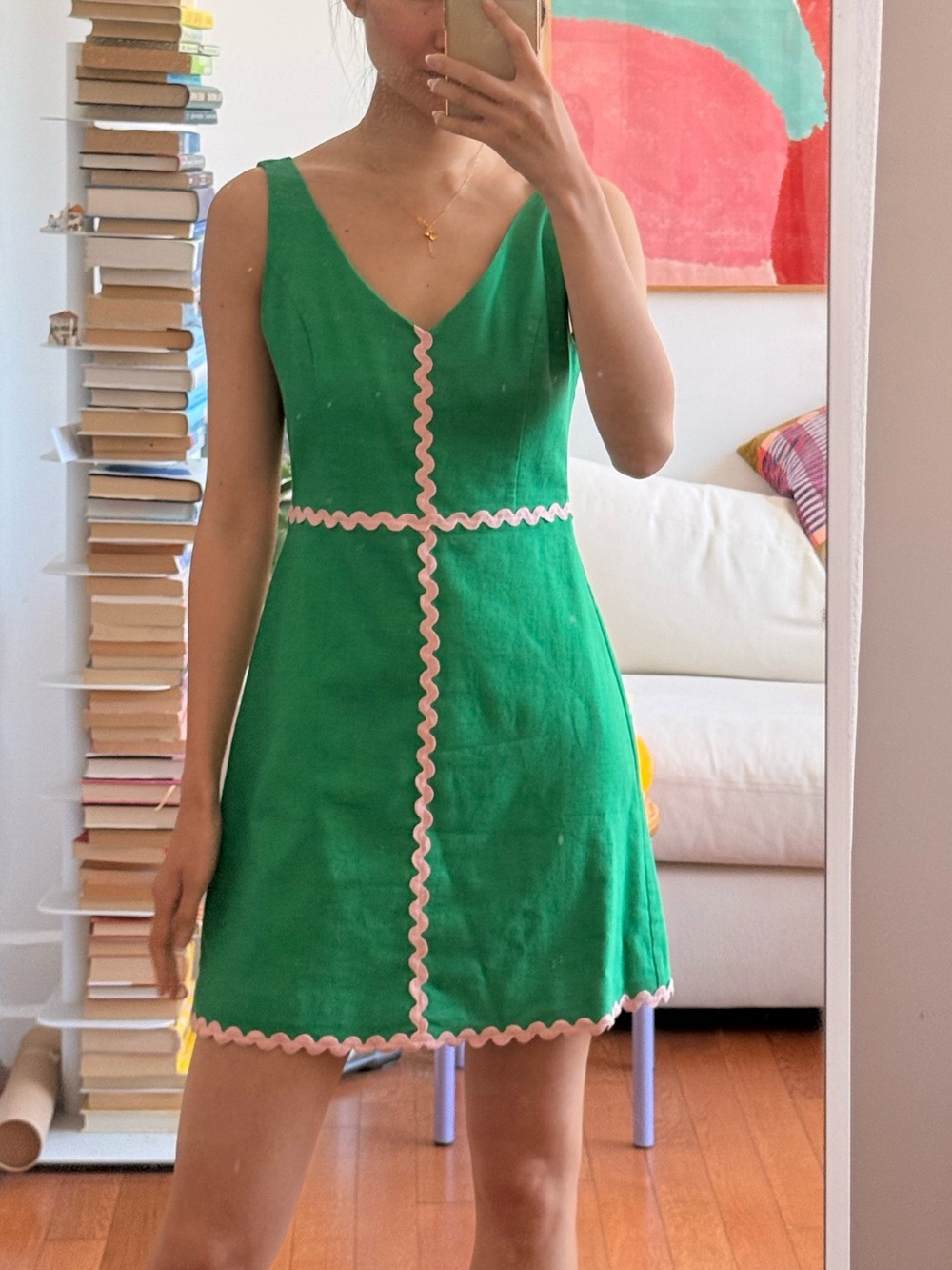Whimsical Green Sleeveless Mini Dress with Pink Trim - Linen Blend